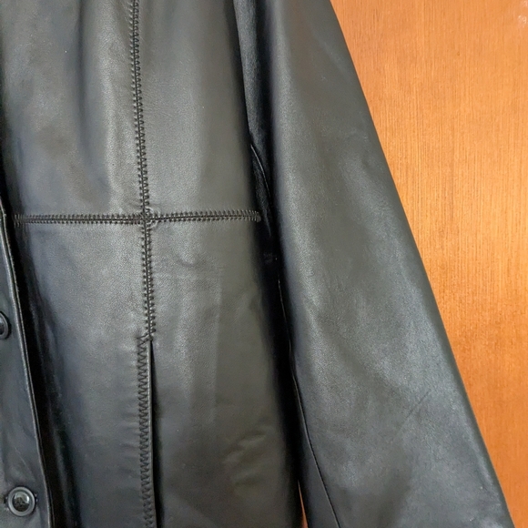 Vintage 90s grunge black leather fur collar full length trench coat button down - Picture 9 of 11
